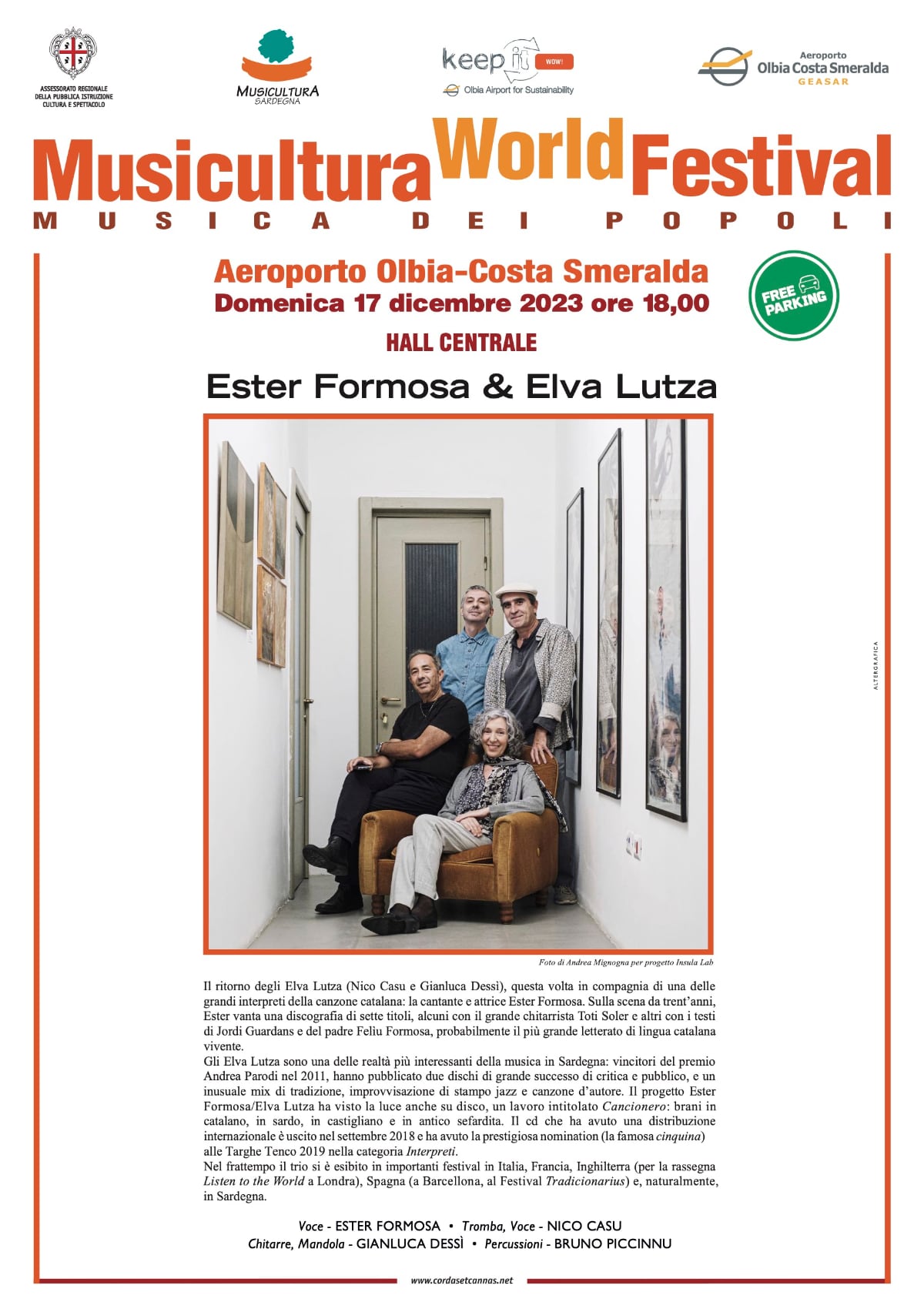 Locandina per il concerto di Elva Lutza, Ester Formosa e Bruno Piccinnu all'aeroporto di Olbia